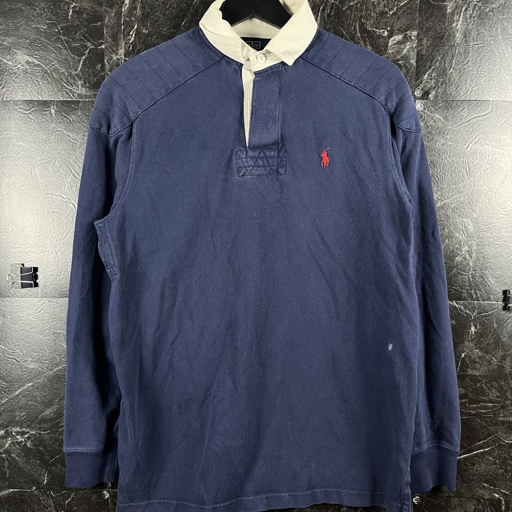 Polo Ralph Lauren Men's Blue Vtg Rugby Polo Shirt Small -Flaws